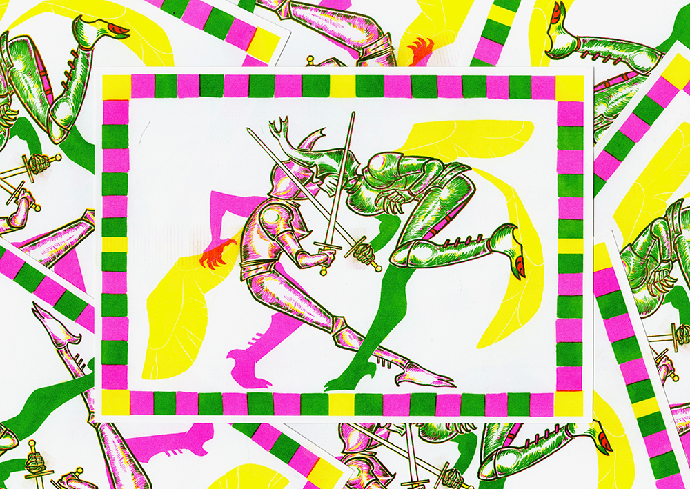 Risoprint of beetle knight fighting