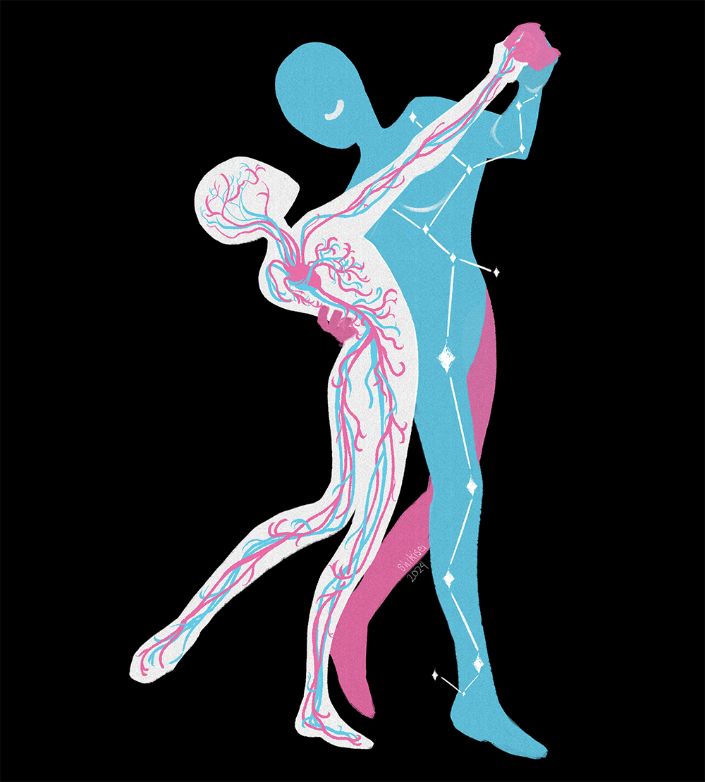 Illustration of two trans figures dancing