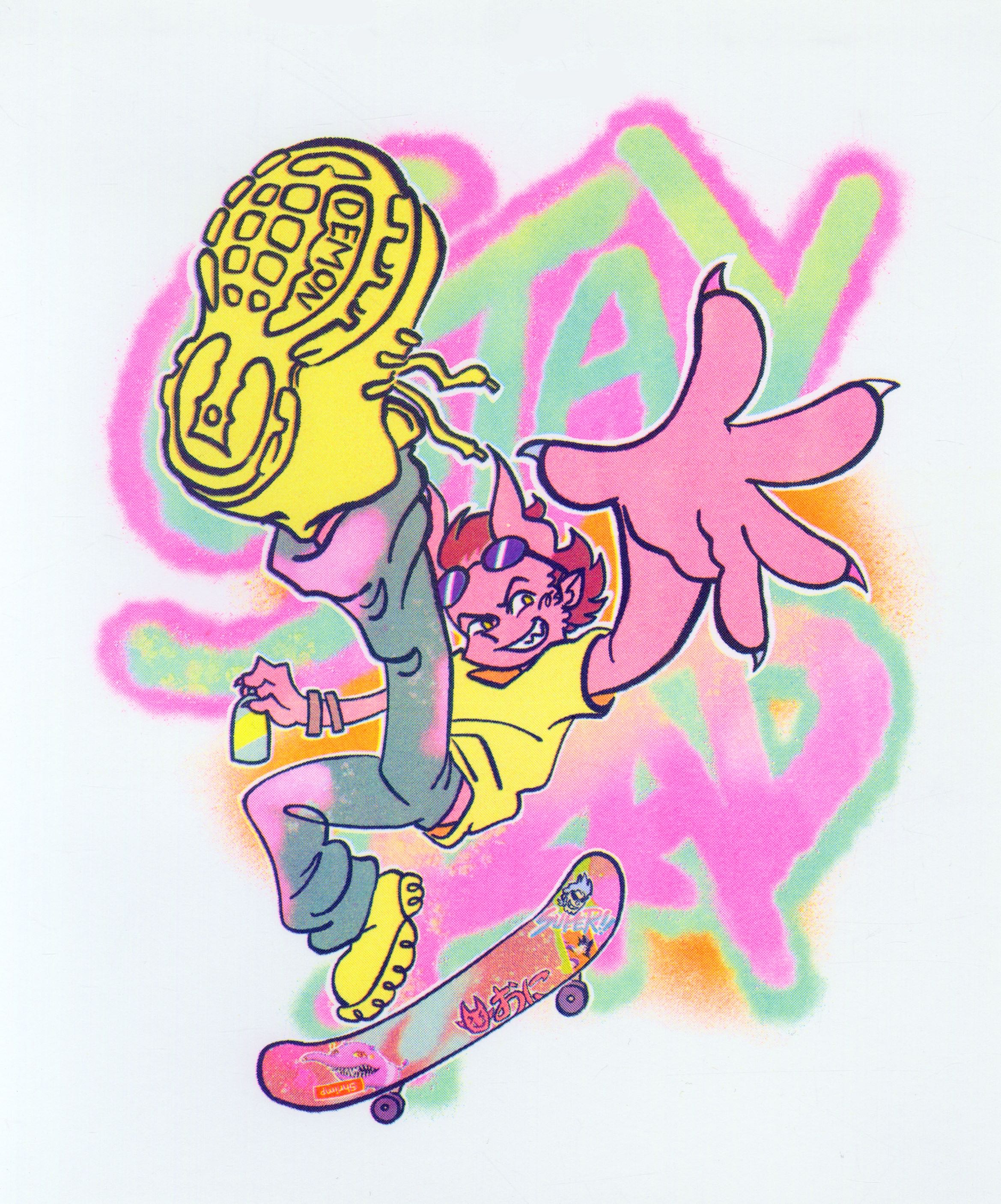Risoprint of a skateboarding oni